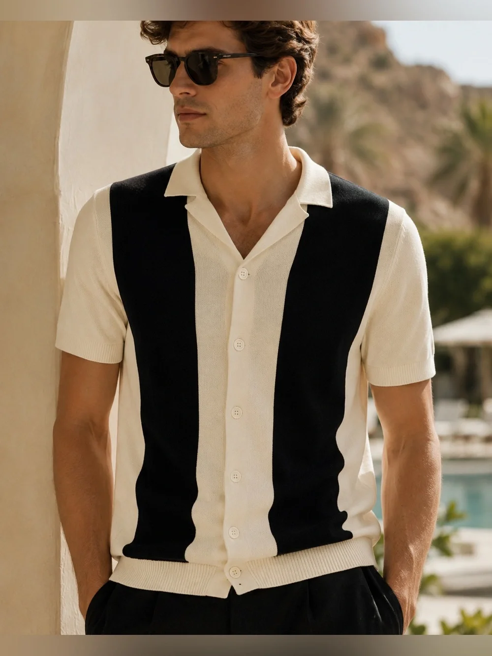 Topman Retro Camp Collar Knit Polo Cardigan, Black/Ivory, XL, MSRP $89 🖤🤍🖤🤍